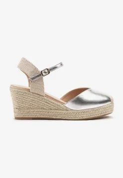 Srebrne Sandały na Plecionym Koturnie Odivale
