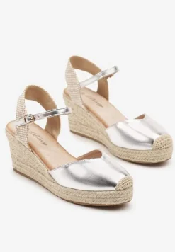 Srebrne Sandały na Plecionym Koturnie Odivale