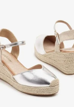 Srebrne Sandały na Plecionym Koturnie Odivale