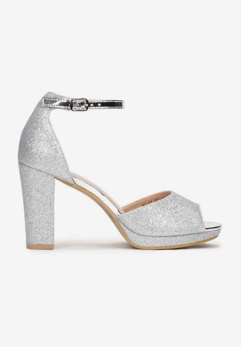 Srebrne Sandały na Słupkowym Obcasie z Brokatem Sconis