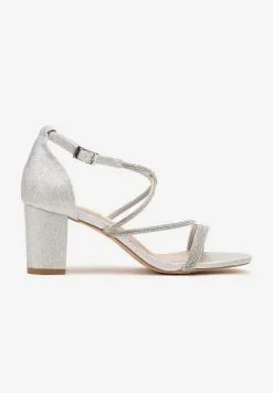 Srebrne Sandały na Słupku z Cyrkoniami i Brokatem Silanelle