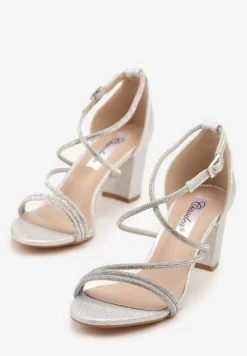 Srebrne Sandały na Słupku z Cyrkoniami i Brokatem Silanelle