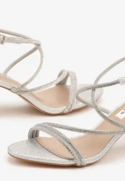 Srebrne Sandały na Słupku z Cyrkoniami i Brokatem Silanelle
