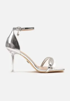 Srebrne Sandały na Szpilce Vices z Cyrkoniami i Przezroczystą Cholewką Edivinia