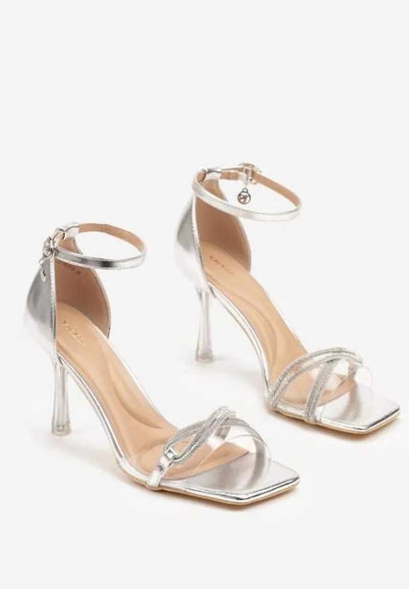Srebrne Sandały na Szpilce Vices z Cyrkoniami i Przezroczystą Cholewką Edivinia