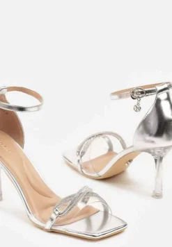 Srebrne Sandały na Szpilce Vices z Cyrkoniami i Przezroczystą Cholewką Edivinia