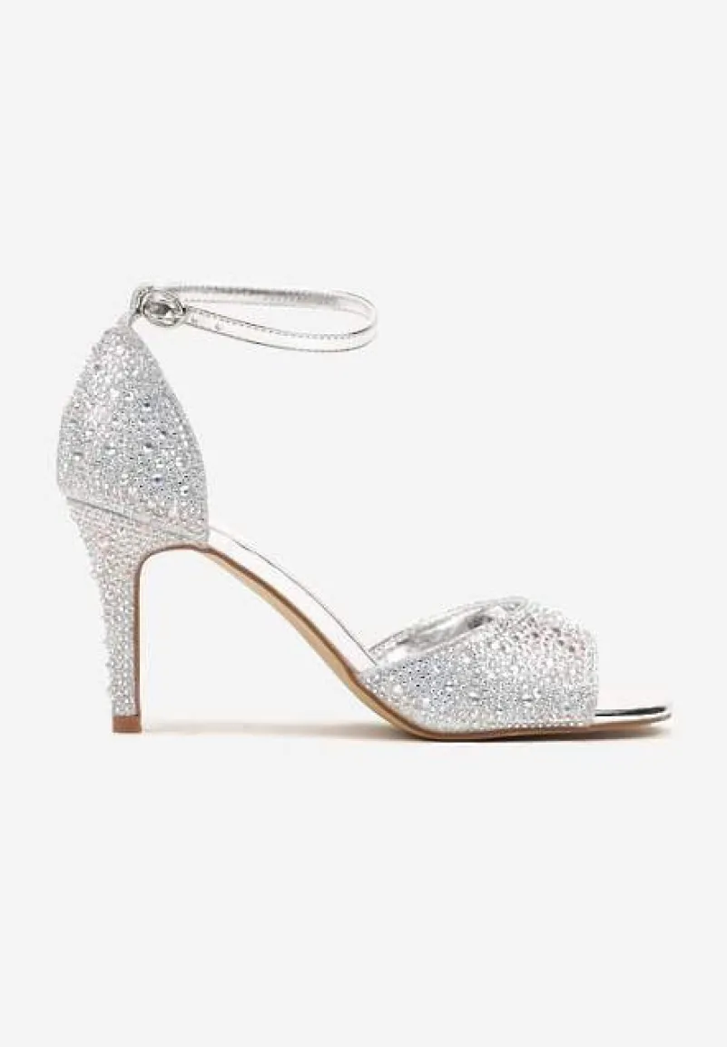 Srebrne Sandały na Szpilce Ozdobione Cyrkoniami Nialuna