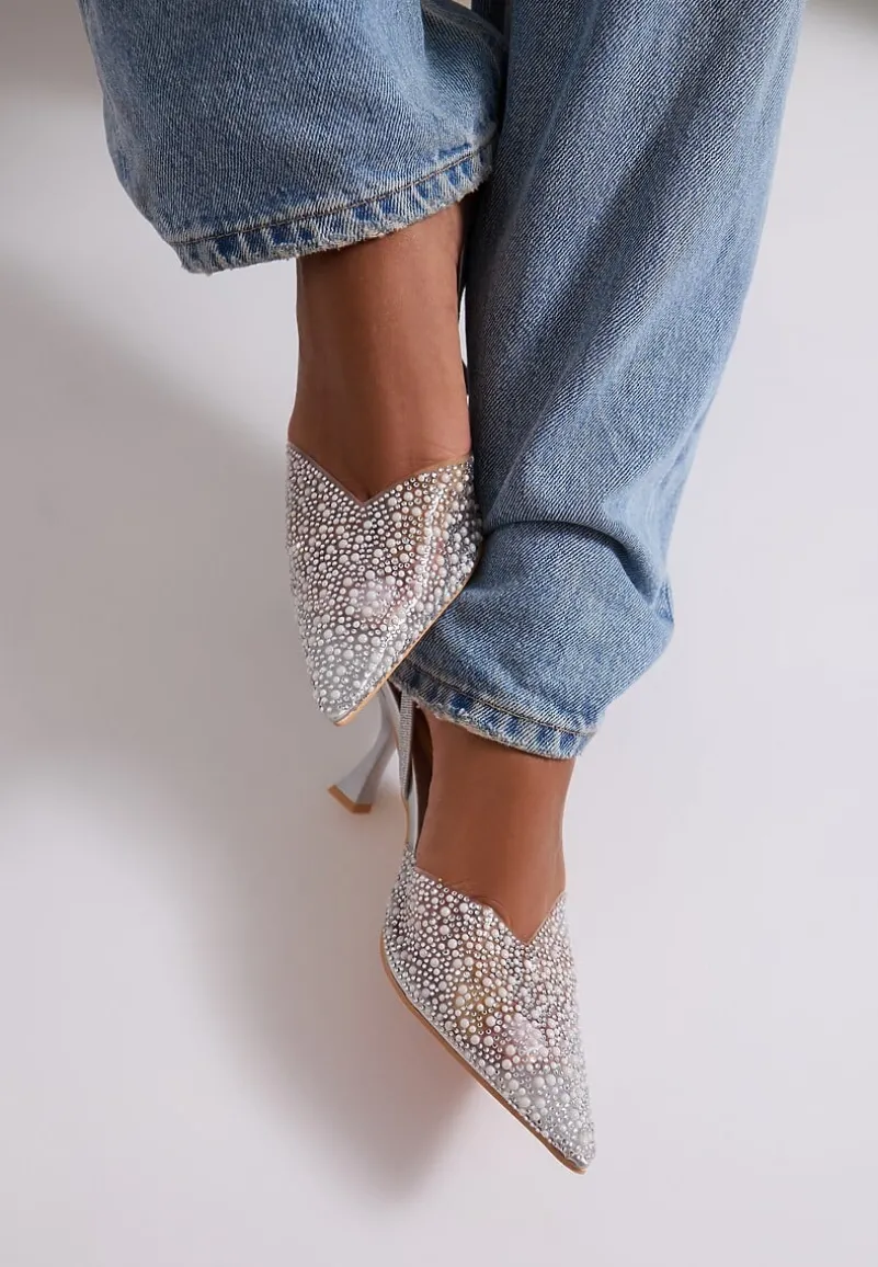 Srebrne Sandały na Szpilce z Przezroczystym Noskiem w Cekiny i Perły Niria