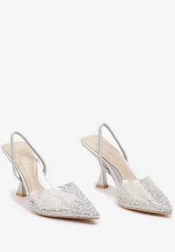 Srebrne Sandały na Szpilce z Przezroczystym Noskiem w Cekiny i Perły Niria