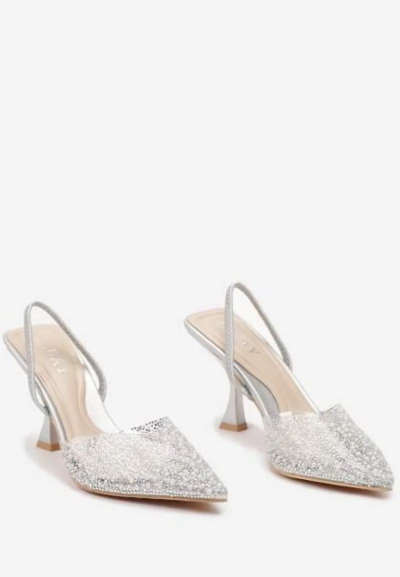 Srebrne Sandały na Szpilce z Przezroczystym Noskiem w Cekiny i Perły Niria