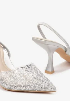 Srebrne Sandały na Szpilce z Przezroczystym Noskiem w Cekiny i Perły Niria