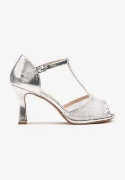 Srebrne Sandały na Szpilce Ozdobione Brokatem i Cyrkoniami Udivona