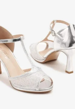 Srebrne Sandały na Szpilce Ozdobione Brokatem i Cyrkoniami Udivona