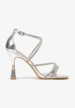 Srebrne Sandały na Szpilce Ozdobione Cyrkoniami i Paskami Felidra