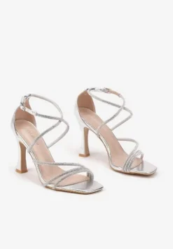 Srebrne Sandały na Szpilce Ozdobione Cyrkoniami i Paskami Felidra