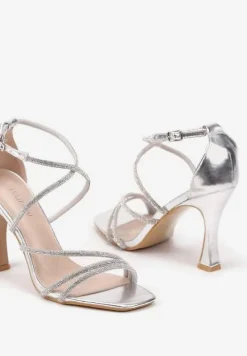 Srebrne Sandały na Szpilce Ozdobione Cyrkoniami i Paskami Felidra