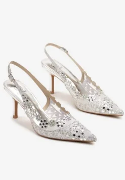 Srebrne Sandały Slingback na Szpilce Zdobione Cyrkoniami Korioliana