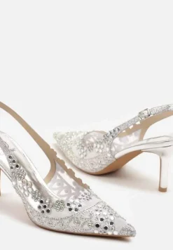 Srebrne Sandały Slingback na Szpilce Zdobione Cyrkoniami Korioliana
