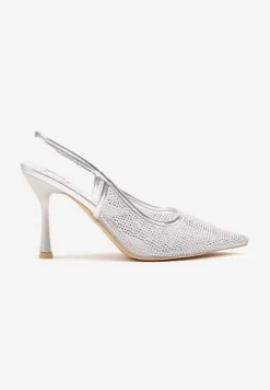 Srebrne Sandały Szpilki Slingback z Noskiem w Szpic Zdobione Cyrkoniami Zenvia