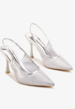 Srebrne Sandały Szpilki Slingback z Noskiem w Szpic Zdobione Cyrkoniami Zenvia