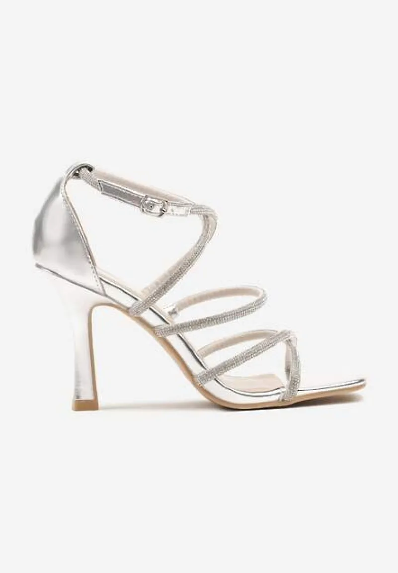 Srebrne Sandały Szpilki w Eleganckim Stylu Zdobione Cyrkoniami Fanireas