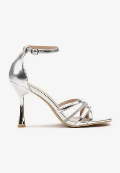 Srebrne Sandały Szpilki z Paskiem z Cyrkonii Nusoria