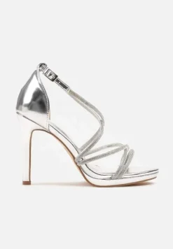 Srebrne Sandały Szpilki z Paseczkami Ozdobionymi Cyrkoniami Eladriela