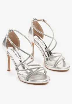Srebrne Sandały Szpilki z Paseczkami Ozdobionymi Cyrkoniami Eladriela