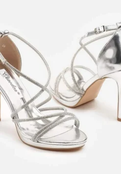 Srebrne Sandały Szpilki z Paseczkami Ozdobionymi Cyrkoniami Eladriela