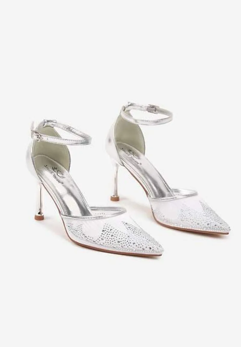 Srebrne Sandały Szpilki z Siateczkowym Noskiem w Szpic Zdobionym Cyrkoniami Alirenda