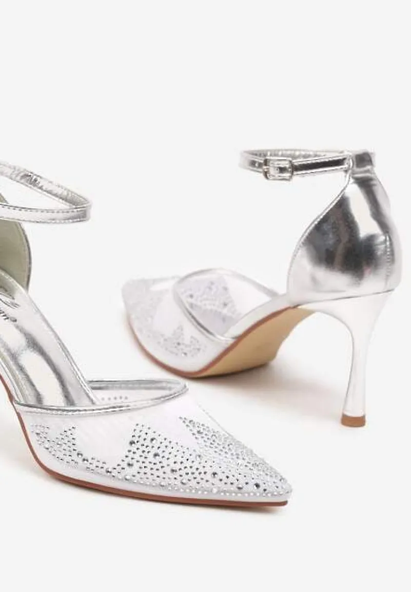 Srebrne Sandały Szpilki z Siateczkowym Noskiem w Szpic Zdobionym Cyrkoniami Alirenda