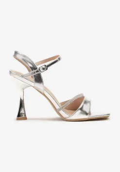 Srebrne Sandały Szpilki z Cyrkoniowym Zdobieniem na Obcasie Typu Klepsydra Haldiva