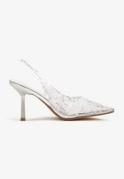 Srebrne Sandały Szpilki z Odsłoniętą Piętą Ozdobione Cyrkoniami i Perłami Nelionna