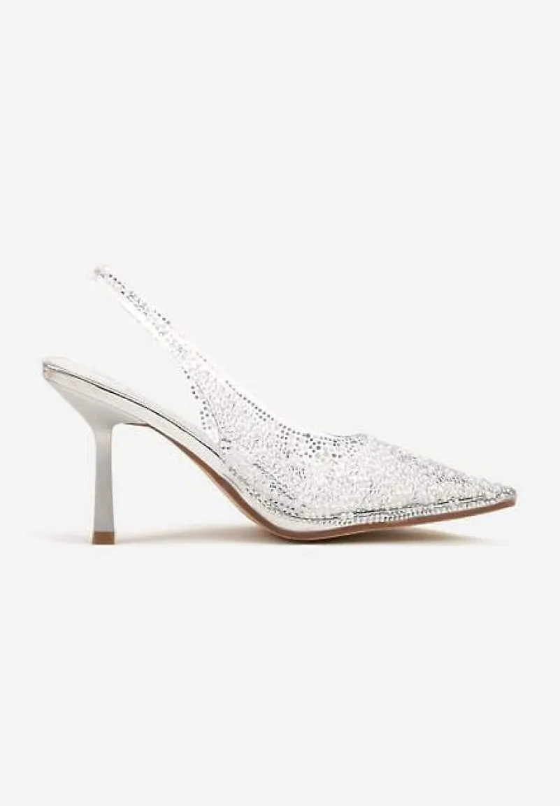 Srebrne Sandały Szpilki z Odsłoniętą Piętą Ozdobione Cyrkoniami i Perłami Nelionna