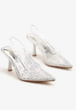 Srebrne Sandały Szpilki z Odsłoniętą Piętą Ozdobione Cyrkoniami i Perłami Nelionna