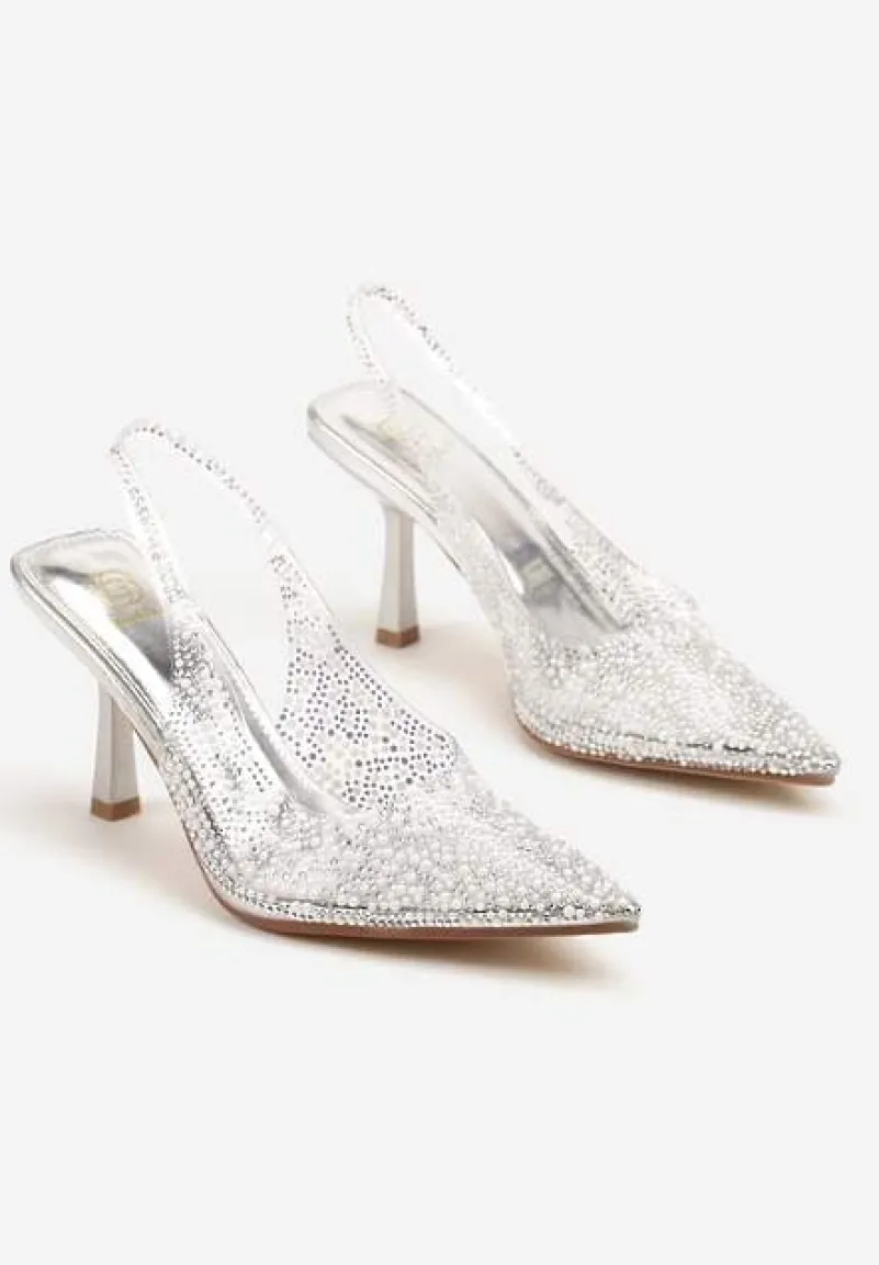 Srebrne Sandały Szpilki z Odsłoniętą Piętą Ozdobione Cyrkoniami i Perłami Nelionna