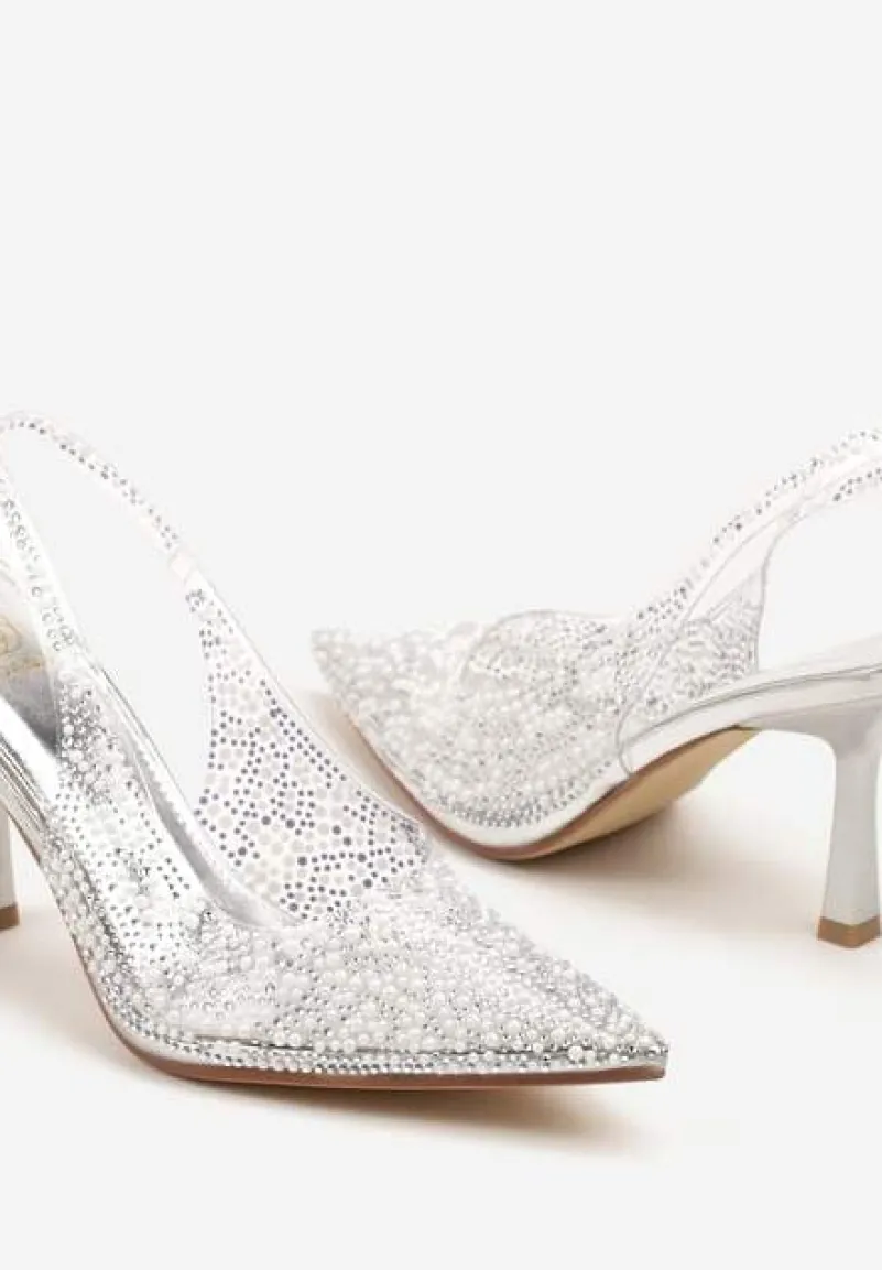 Srebrne Sandały Szpilki z Odsłoniętą Piętą Ozdobione Cyrkoniami i Perłami Nelionna