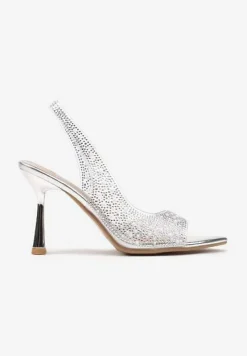 Srebrne Sandały Szpilki z Odkrytą Piętą i Noskiem z Cyrkoniami Efaliana