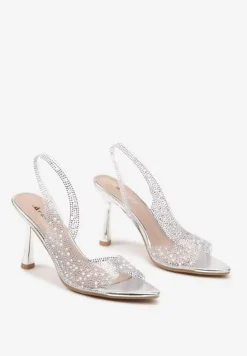 Srebrne Sandały Szpilki z Odkrytą Piętą i Noskiem z Cyrkoniami Efaliana