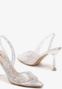 Srebrne Sandały Szpilki z Odkrytą Piętą i Noskiem z Cyrkoniami Efaliana