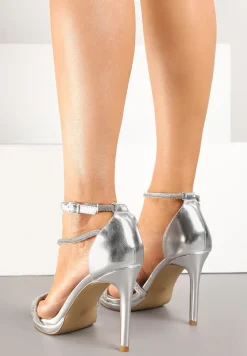 Srebrne Sandały Szpilki Zdobione Cyrkoniami Zapinane na Sprzączkę Ralisen