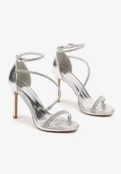 Srebrne Sandały Szpilki Zdobione Cyrkoniami Zapinane na Sprzączkę Ralisen