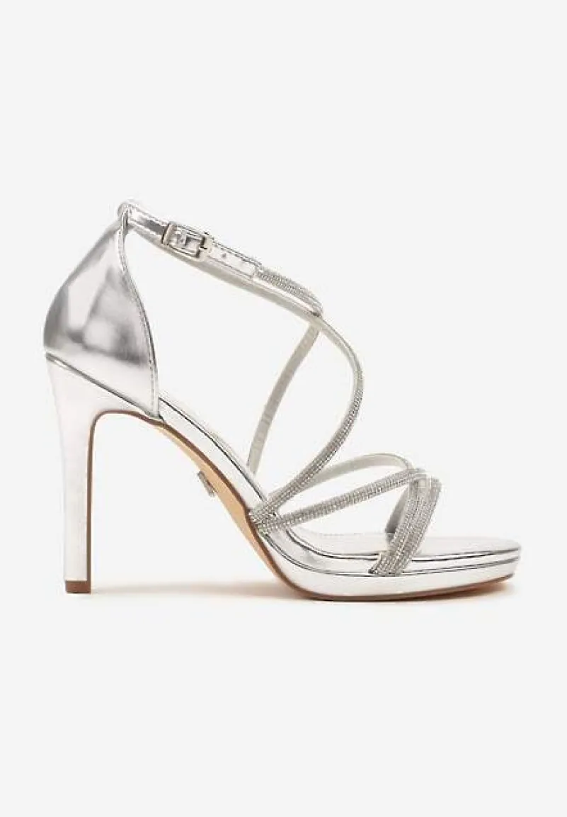 Srebrne Sandały Vices na Szpilce Ozdobione Cyrkoniami Sarerelle