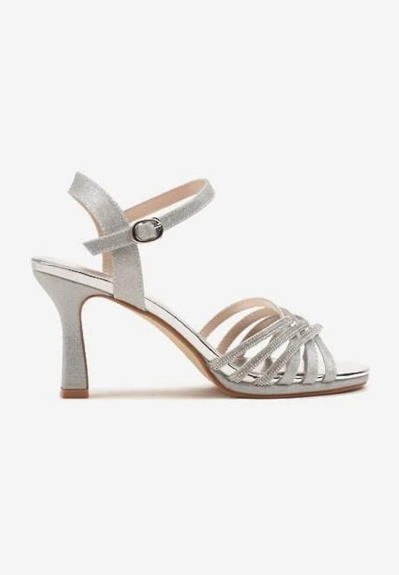 Srebrne Sandały Vices na Szpilce Ozdobione Brokatem i Cyrkoniami Ulonissela