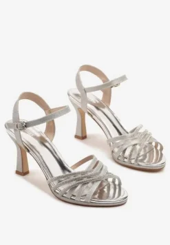 Srebrne Sandały Vices na Szpilce Ozdobione Brokatem i Cyrkoniami Ulonissela