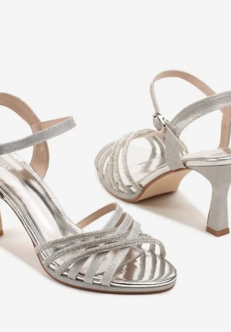 Srebrne Sandały Vices na Szpilce Ozdobione Brokatem i Cyrkoniami Ulonissela