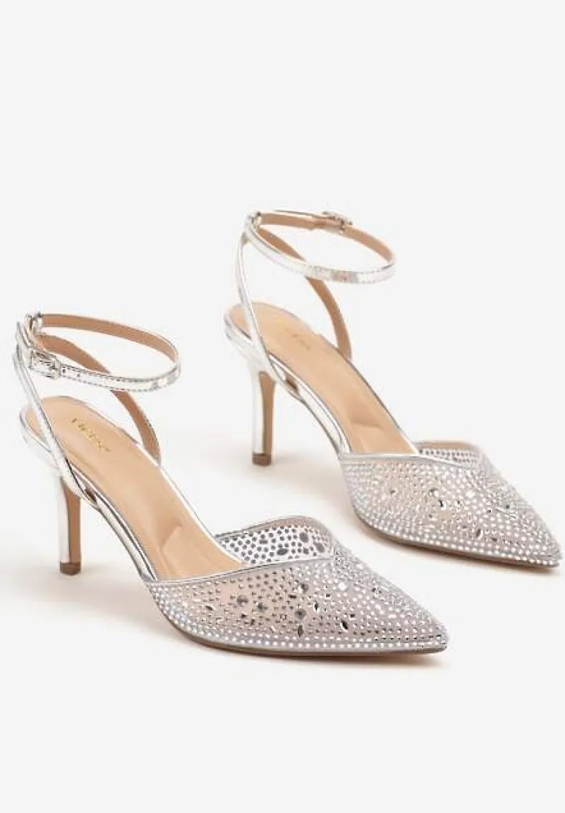 Srebrne Sandały Vices na Szpilce z Cyrkoniami Ciaranea