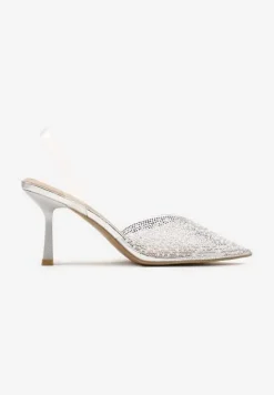 Srebrne Sandały Vices na Szpilce Slingback ze Skórzaną Wkładką i Cyrkoniami Ovifa