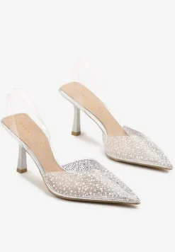 Srebrne Sandały Vices na Szpilce Slingback ze Skórzaną Wkładką i Cyrkoniami Ovifa