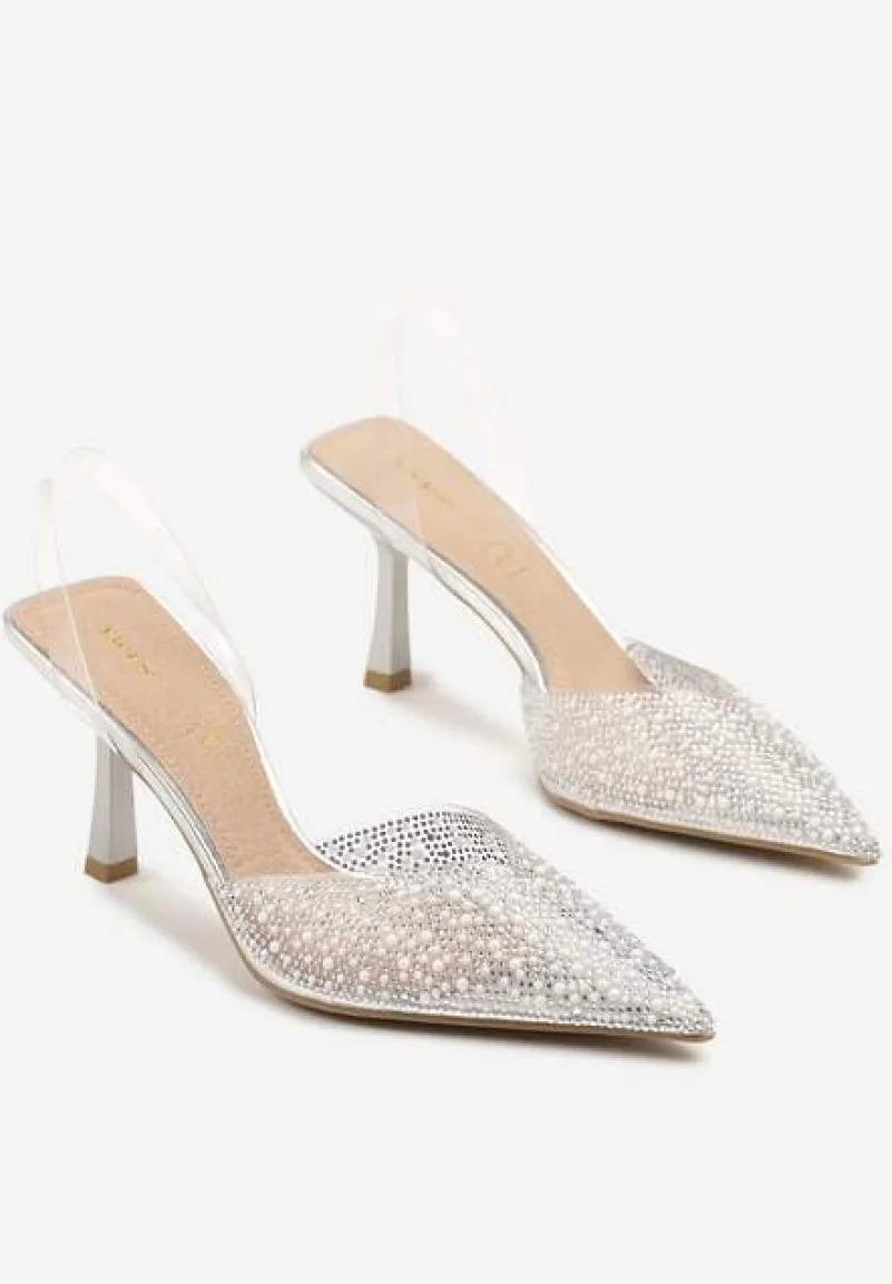 Srebrne Sandały Vices na Szpilce Slingback ze Skórzaną Wkładką i Cyrkoniami Ovifa